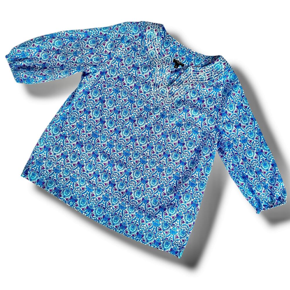 Talbots Cotton Embroidered Neckline Popover Blouse Top Sz MP Floral 3/4 Sleeve